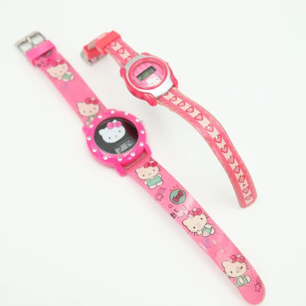 2 Hello Kitty Digital Watches Pair Sanrio Kids Pink Hearts with New Batteries